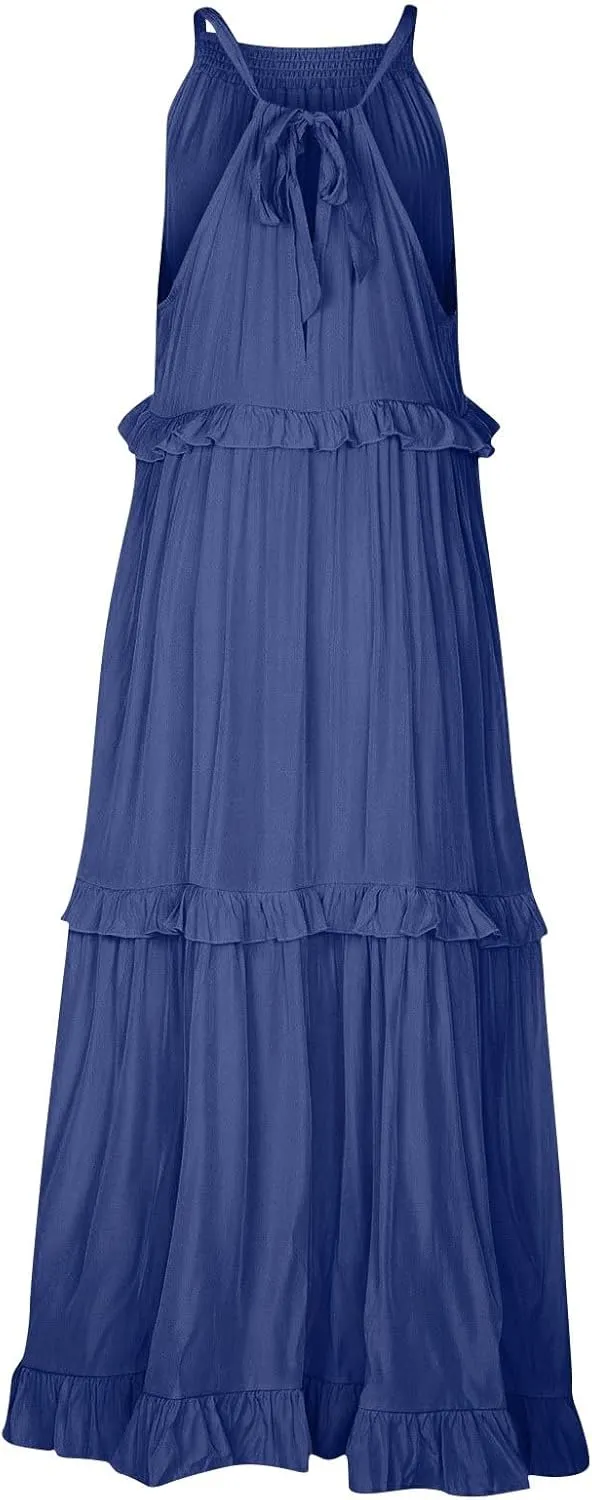 Summer Maxi Dresses for Women 2025 Smocked Halter Tiered Ruffle Flowy Dress Beach Wedding Guest Dress with Pockets