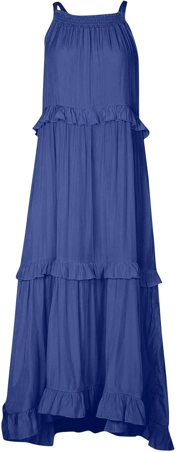 Summer Maxi Dresses for Women 2025 Smocked Halter Tiered Ruffle Flowy Dress Beach Wedding Guest Dress with Pockets
