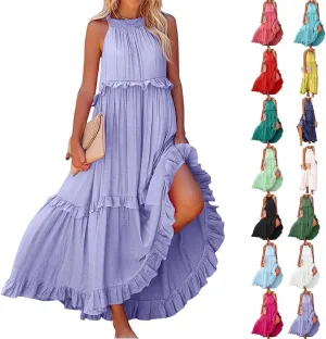 Summer Maxi Dresses for Women 2025 Smocked Halter Tiered Ruffle Flowy Dress Beach Wedding Guest Dress with Pockets