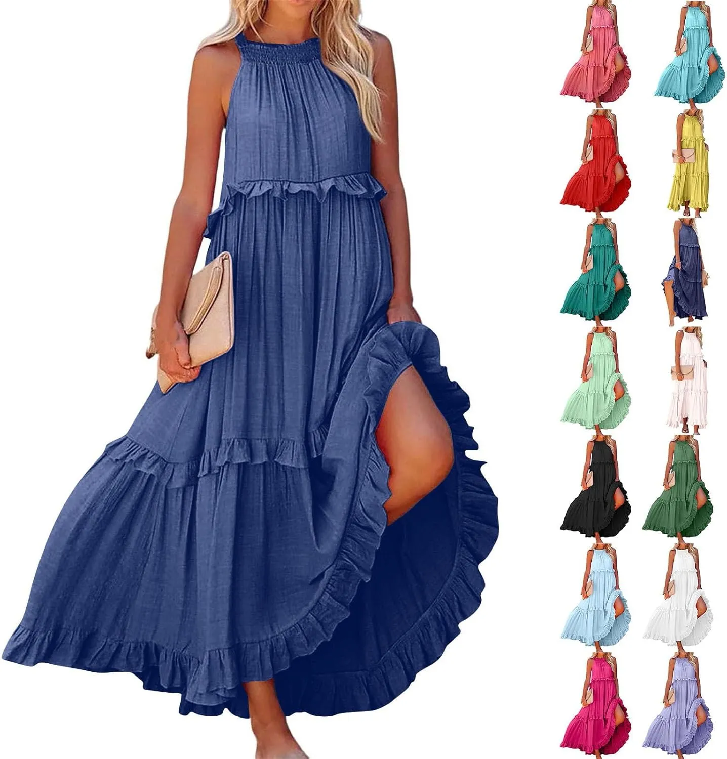 Summer Maxi Dresses for Women 2025 Smocked Halter Tiered Ruffle Flowy Dress Beach Wedding Guest Dress with Pockets
