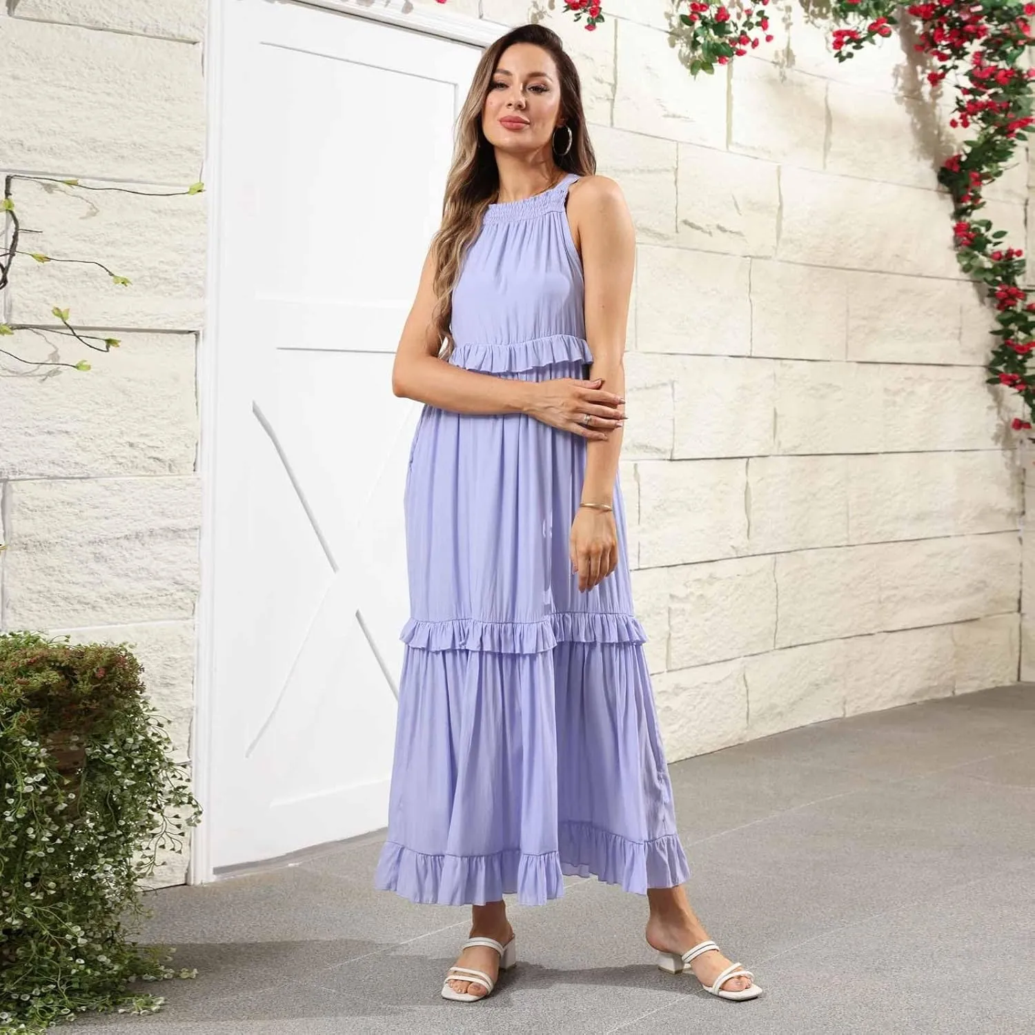 Summer Maxi Dresses for Women 2025 Smocked Halter Tiered Ruffle Flowy Dress Beach Wedding Guest Dress with Pockets