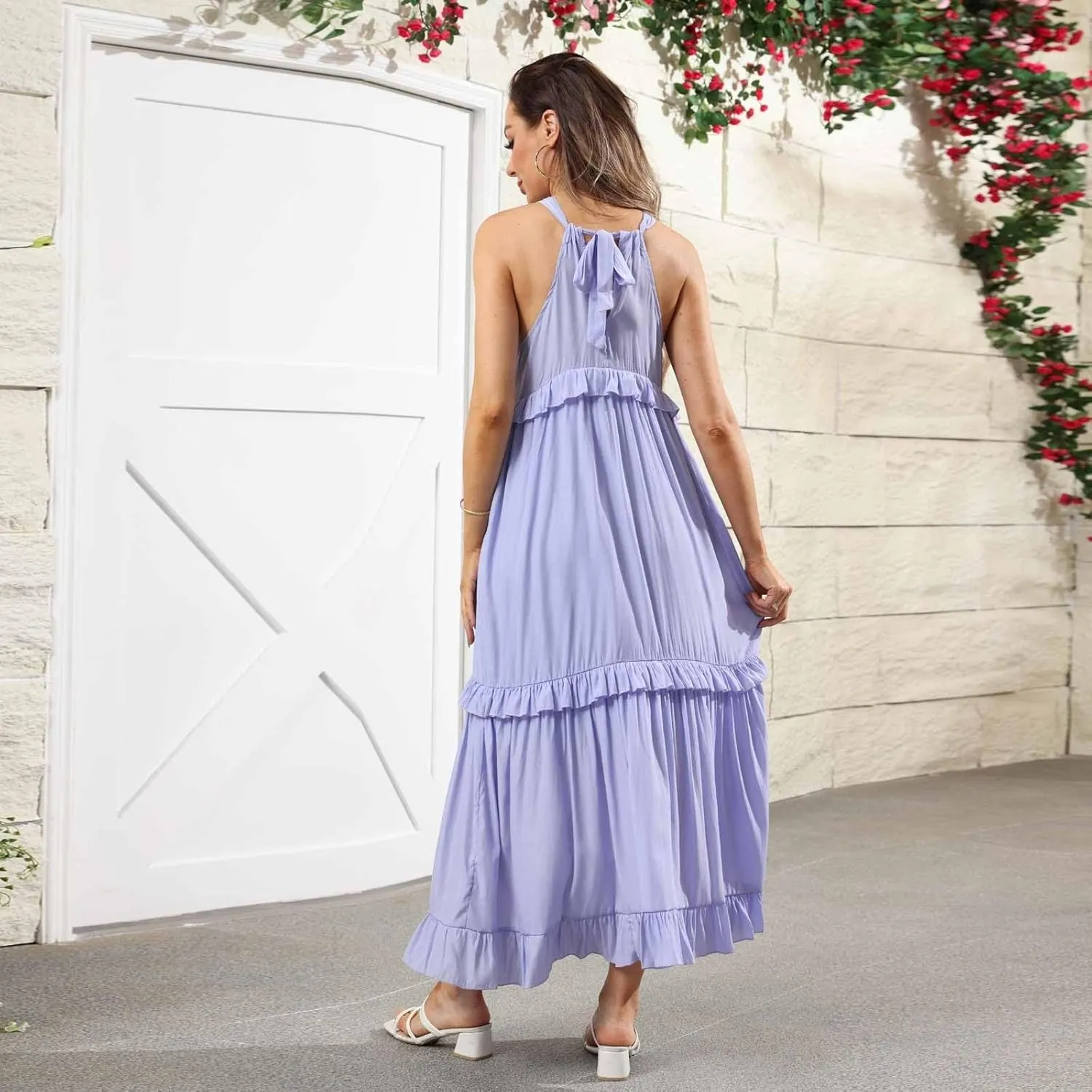 Summer Maxi Dresses for Women 2025 Smocked Halter Tiered Ruffle Flowy Dress Beach Wedding Guest Dress with Pockets