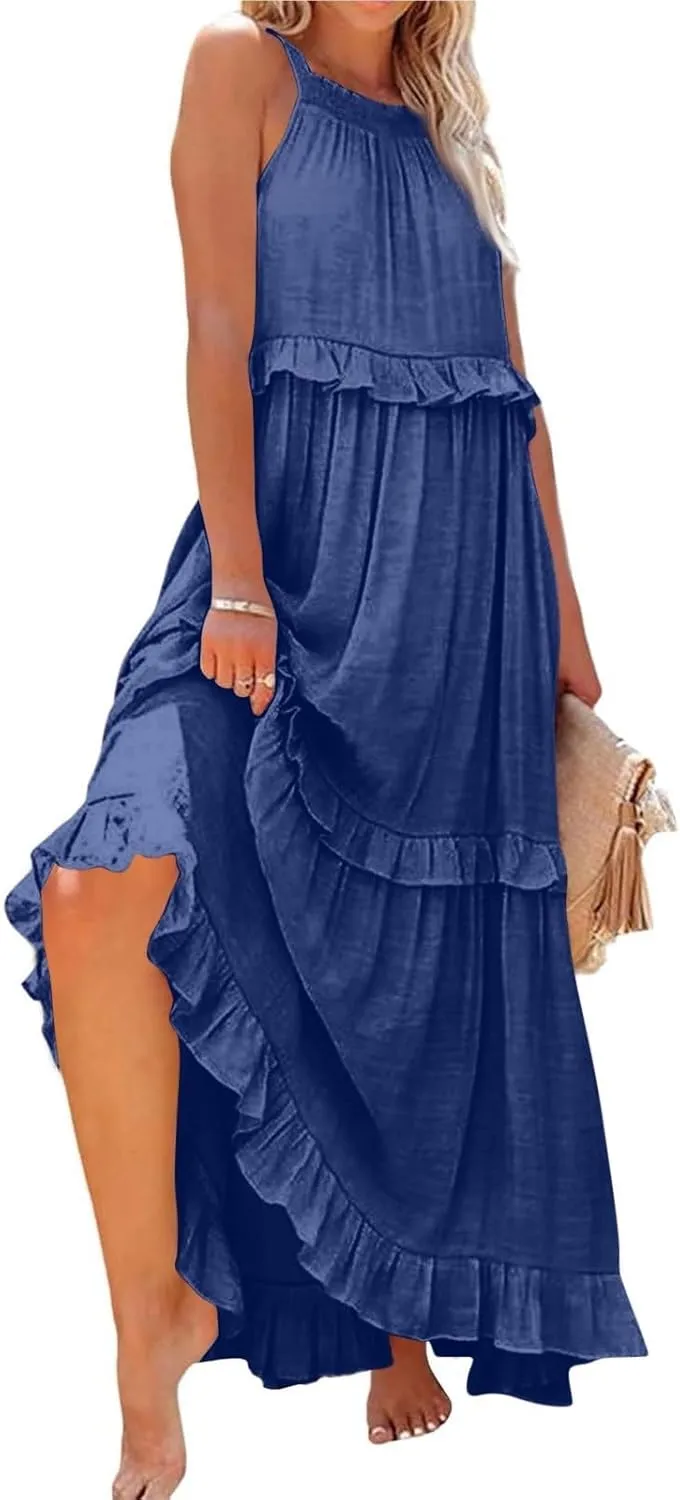 Summer Maxi Dresses for Women 2025 Smocked Halter Tiered Ruffle Flowy Dress Beach Wedding Guest Dress with Pockets