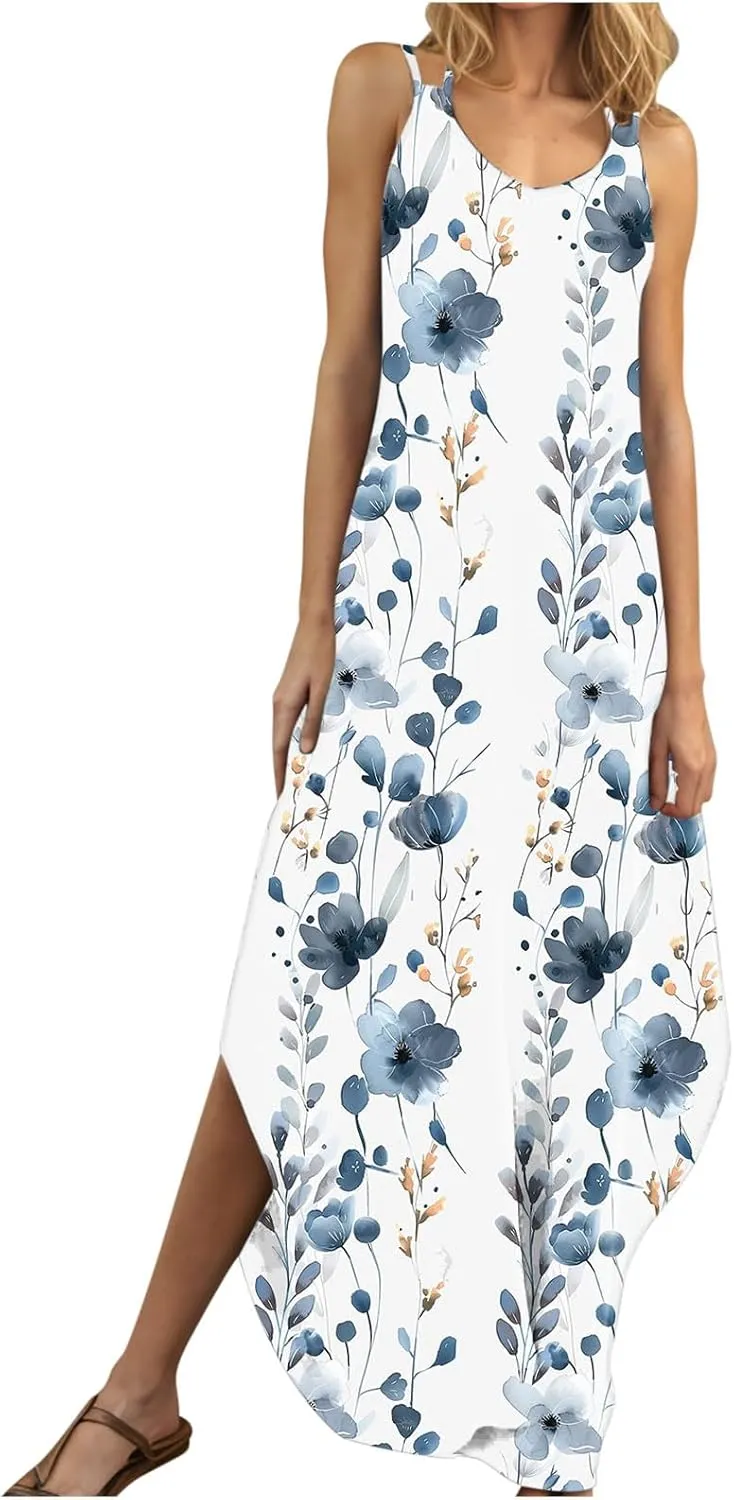 Summer Maxi Long Dresses for Women 2025 Sexy Spaghetti Strap v Neck Split Dress Casual Beach Sundress Vacation Outfits