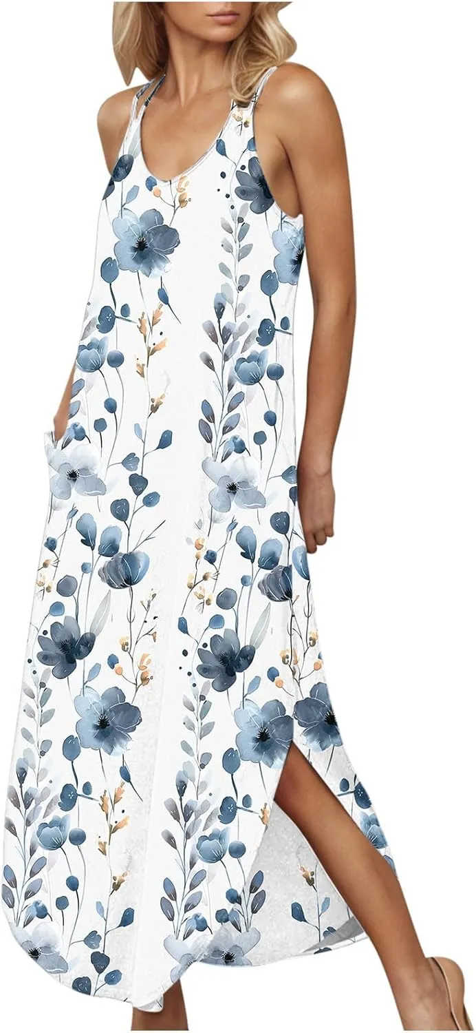 Summer Maxi Long Dresses for Women 2025 Sexy Spaghetti Strap v Neck Split Dress Casual Beach Sundress Vacation Outfits