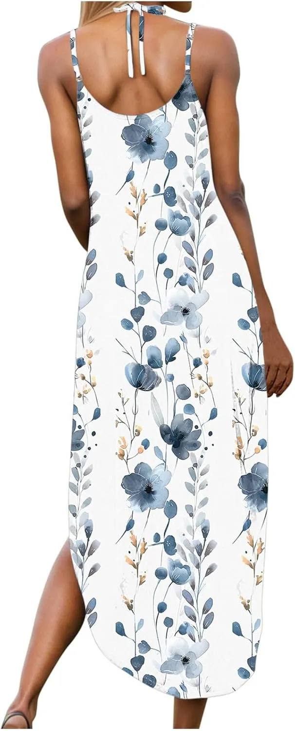 Summer Maxi Long Dresses for Women 2025 Sexy Spaghetti Strap v Neck Split Dress Casual Beach Sundress Vacation Outfits