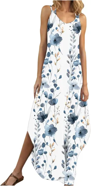 Summer Maxi Long Dresses for Women 2025 Sexy Spaghetti Strap v Neck Split Dress Casual Beach Sundress Vacation Outfits