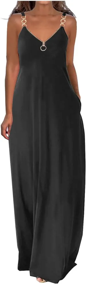 Summer Sun Dresses for Women 2024 Casual Boho Solid Color Ring Straps Zipper V Neck Beach Long Maxi Dress with Pockets