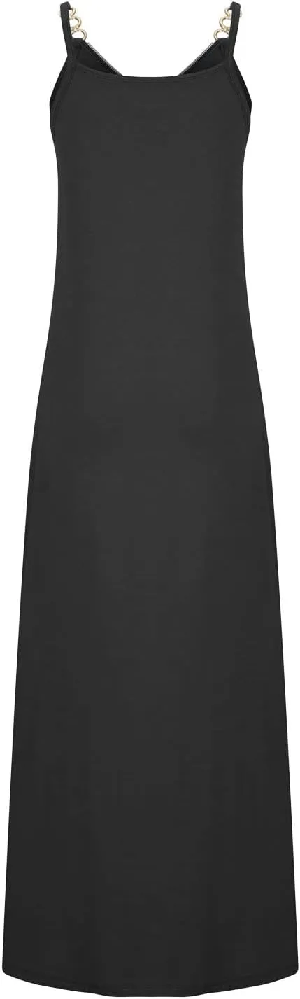 Summer Sun Dresses for Women 2024 Casual Boho Solid Color Ring Straps Zipper V Neck Beach Long Maxi Dress with Pockets