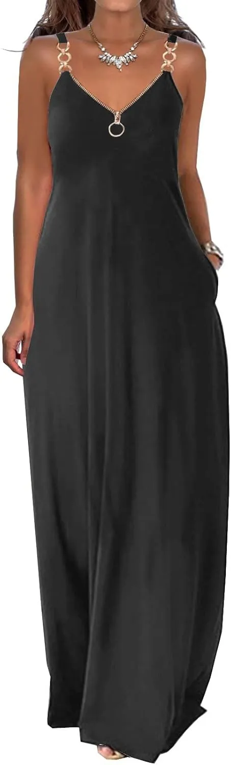 Summer Sun Dresses for Women 2024 Casual Boho Solid Color Ring Straps Zipper V Neck Beach Long Maxi Dress with Pockets