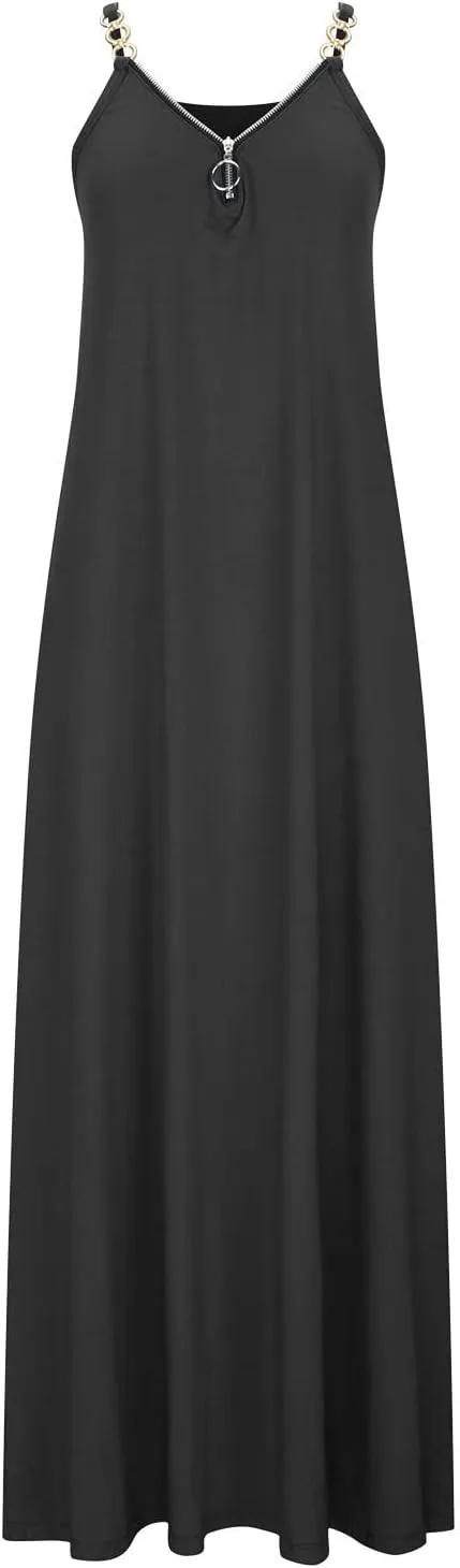 Summer Sun Dresses for Women 2024 Casual Boho Solid Color Ring Straps Zipper V Neck Beach Long Maxi Dress with Pockets