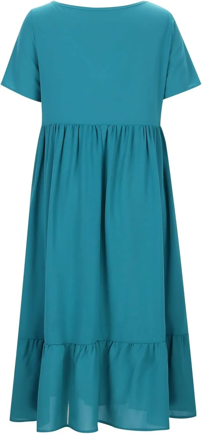 Sun Dresses for Women 2025 Summer Deep V Neck Drees Short Sleeve Boho Sundress Flowy Denim Maxi Dresses with Pockets