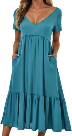Sun Dresses for Women 2025 Summer Deep V Neck Drees Short Sleeve Boho Sundress Flowy Denim Maxi Dresses with Pockets