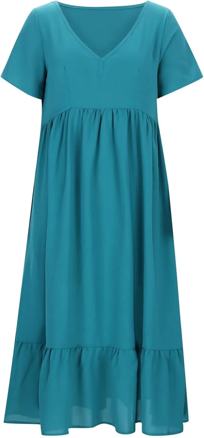 Sun Dresses for Women 2025 Summer Deep V Neck Drees Short Sleeve Boho Sundress Flowy Denim Maxi Dresses with Pockets