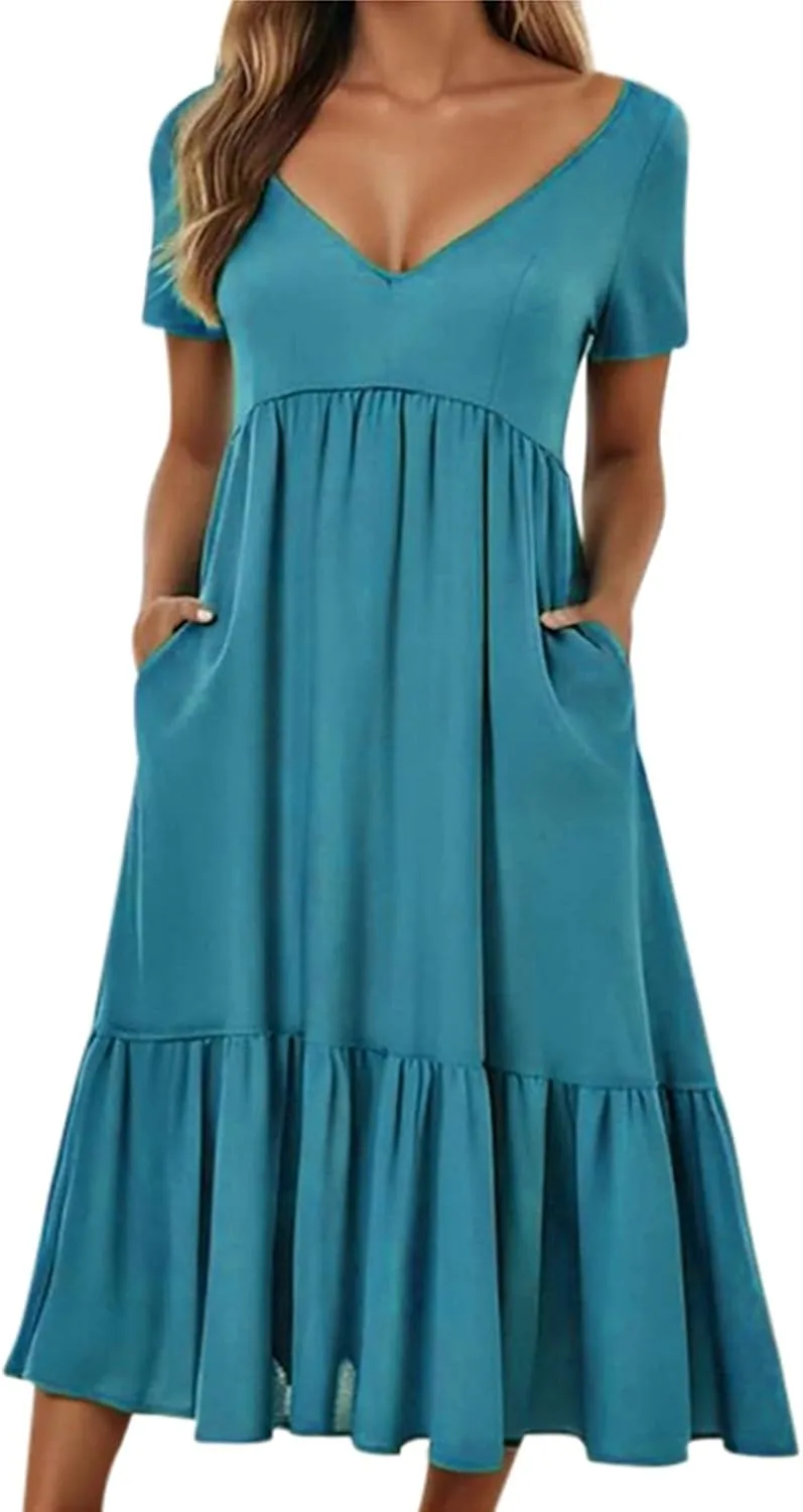 Sun Dresses for Women 2025 Summer Deep V Neck Drees Short Sleeve Boho Sundress Flowy Denim Maxi Dresses with Pockets