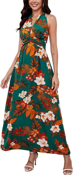Sundresses for Women 2025 Summer Boho Floral Halter V Neck Wrap Maxi Dresses Sexy Flowy A Line Beach Vacation Dresses