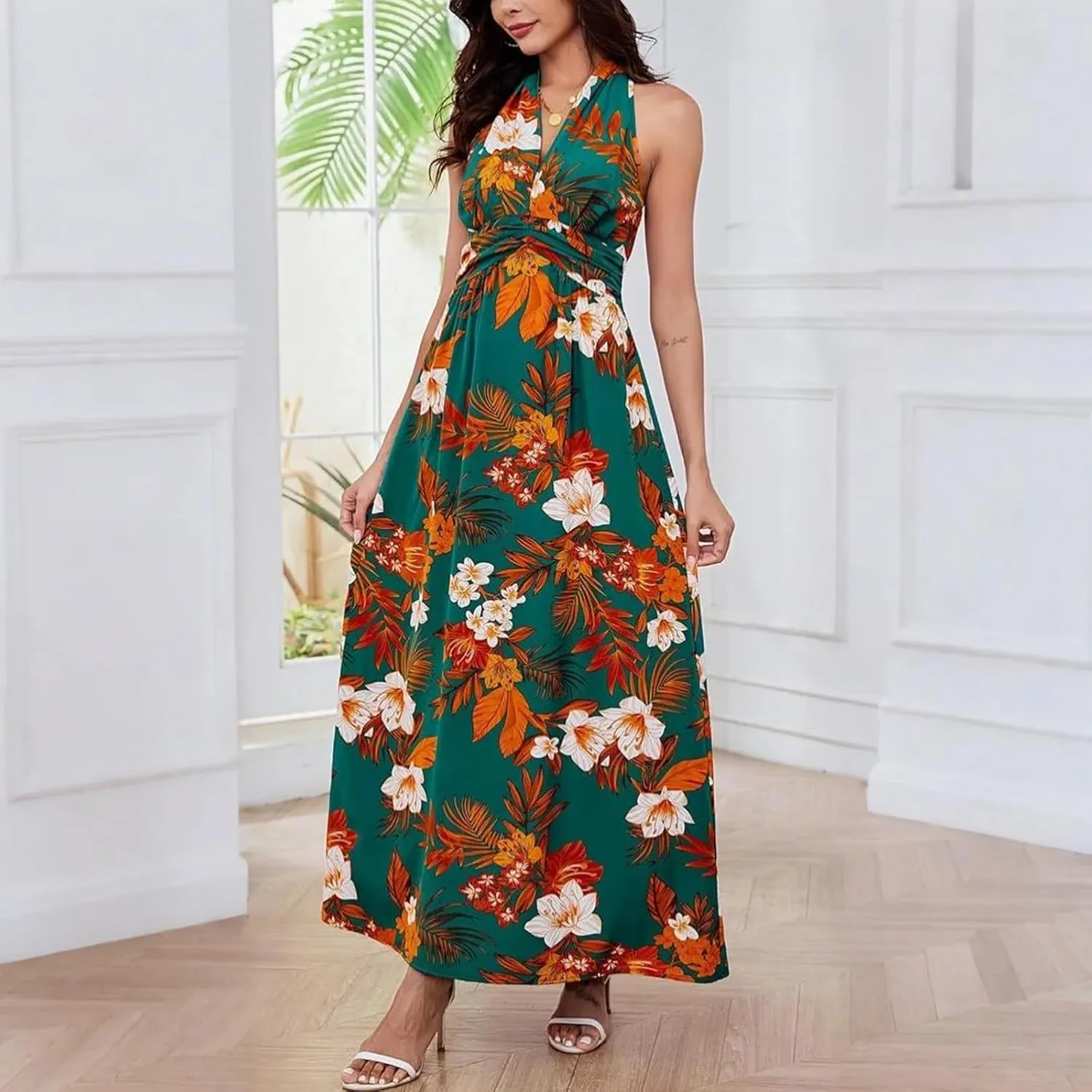 Sundresses for Women 2025 Summer Boho Floral Halter V Neck Wrap Maxi Dresses Sexy Flowy A Line Beach Vacation Dresses