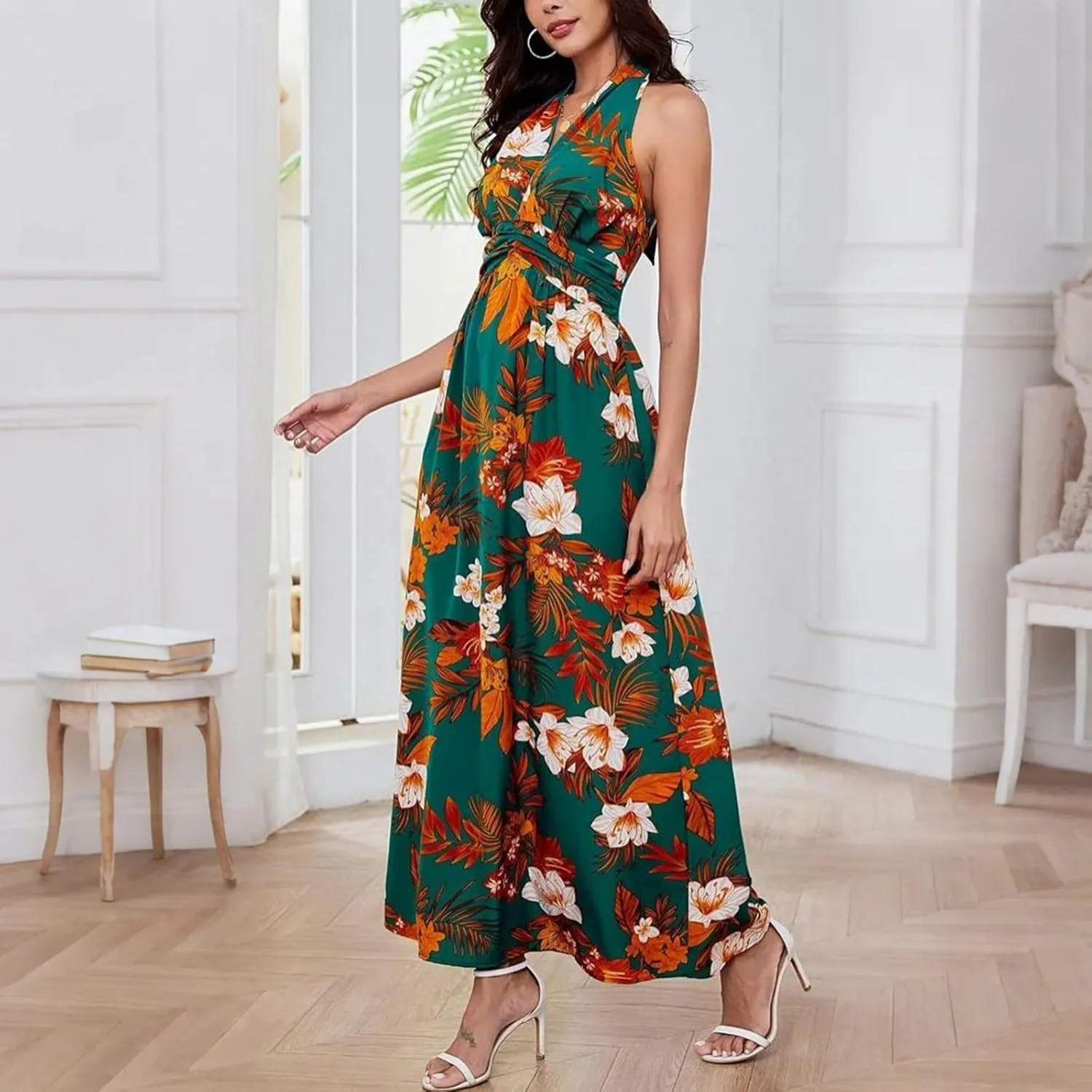 Sundresses for Women 2025 Summer Boho Floral Halter V Neck Wrap Maxi Dresses Sexy Flowy A Line Beach Vacation Dresses