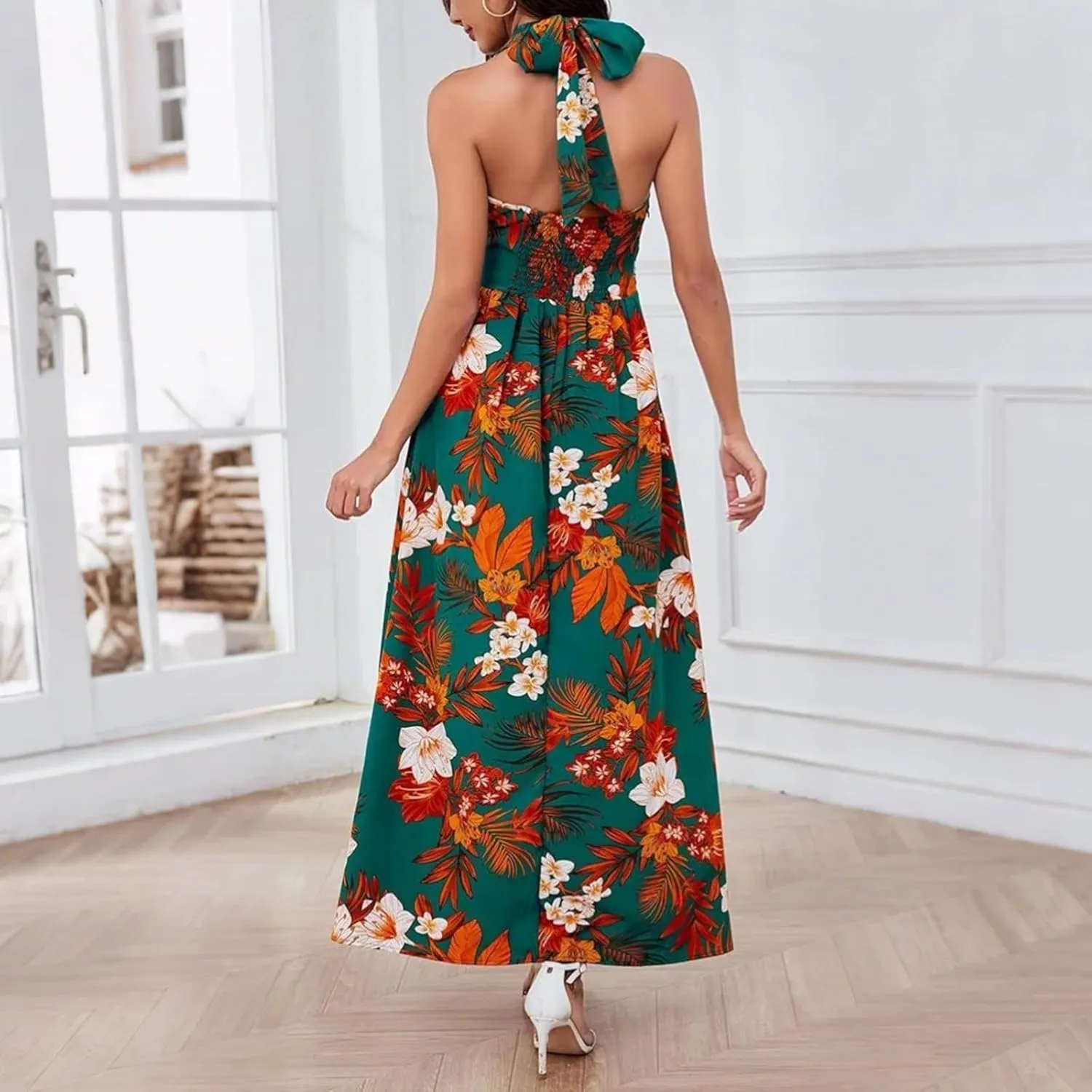 Sundresses for Women 2025 Summer Boho Floral Halter V Neck Wrap Maxi Dresses Sexy Flowy A Line Beach Vacation Dresses