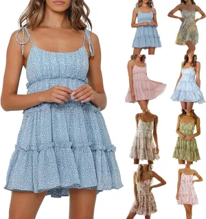 Sundresses for Women 2025 Summer Floral Spaghetti Strap Layered Ruffle Mini Dress Flowy Chiffon Milkmaid Dress