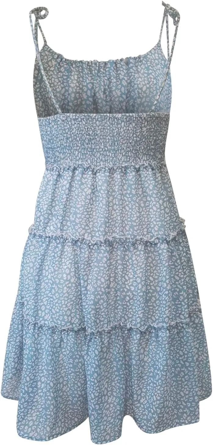 Sundresses for Women 2025 Summer Floral Spaghetti Strap Layered Ruffle Mini Dress Flowy Chiffon Milkmaid Dress