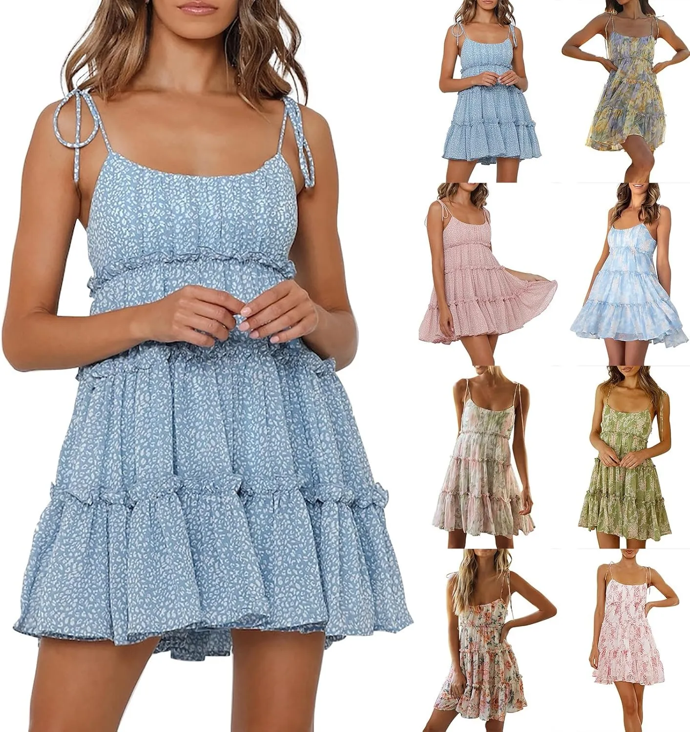 Sundresses for Women 2025 Summer Floral Spaghetti Strap Layered Ruffle Mini Dress Flowy Chiffon Milkmaid Dress
