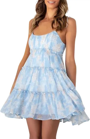 Sundresses for Women 2025 Summer Floral Spaghetti Strap Layered Ruffle Mini Dress Flowy Chiffon Milkmaid Dress