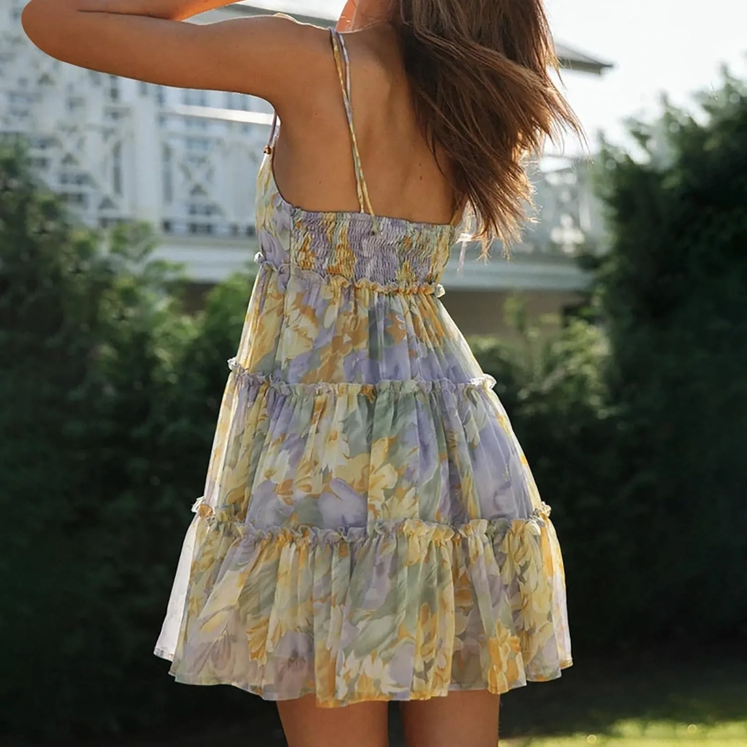 Sundresses for Women 2025 Summer Floral Spaghetti Strap Layered Ruffle Mini Dress Flowy Chiffon Milkmaid Dress