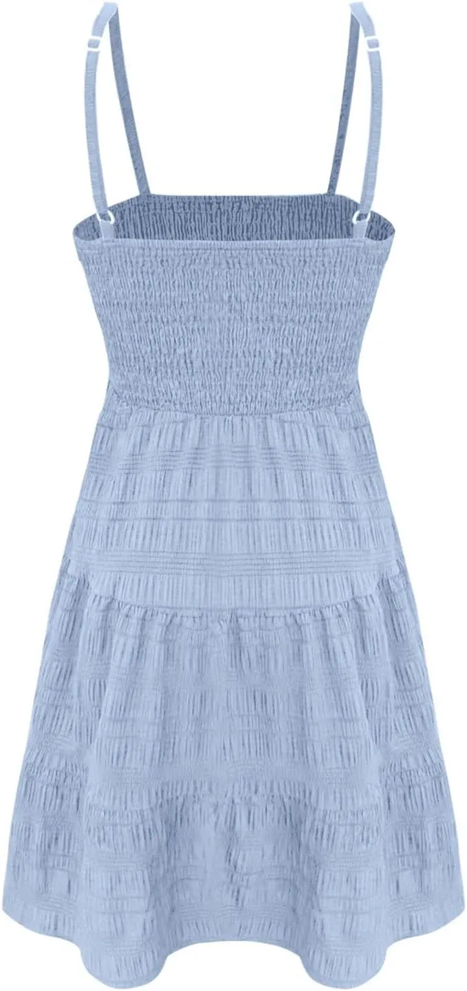 Sundresses for Women Smocked Spaghetti Strap Square Neck Mini Babydoll Dress Casual Summer Flowy Tiered Ruffle Dress