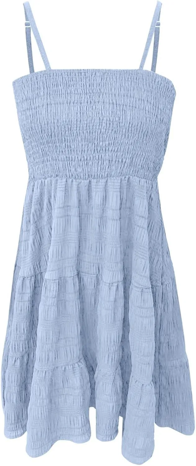 Sundresses for Women Smocked Spaghetti Strap Square Neck Mini Babydoll Dress Casual Summer Flowy Tiered Ruffle Dress