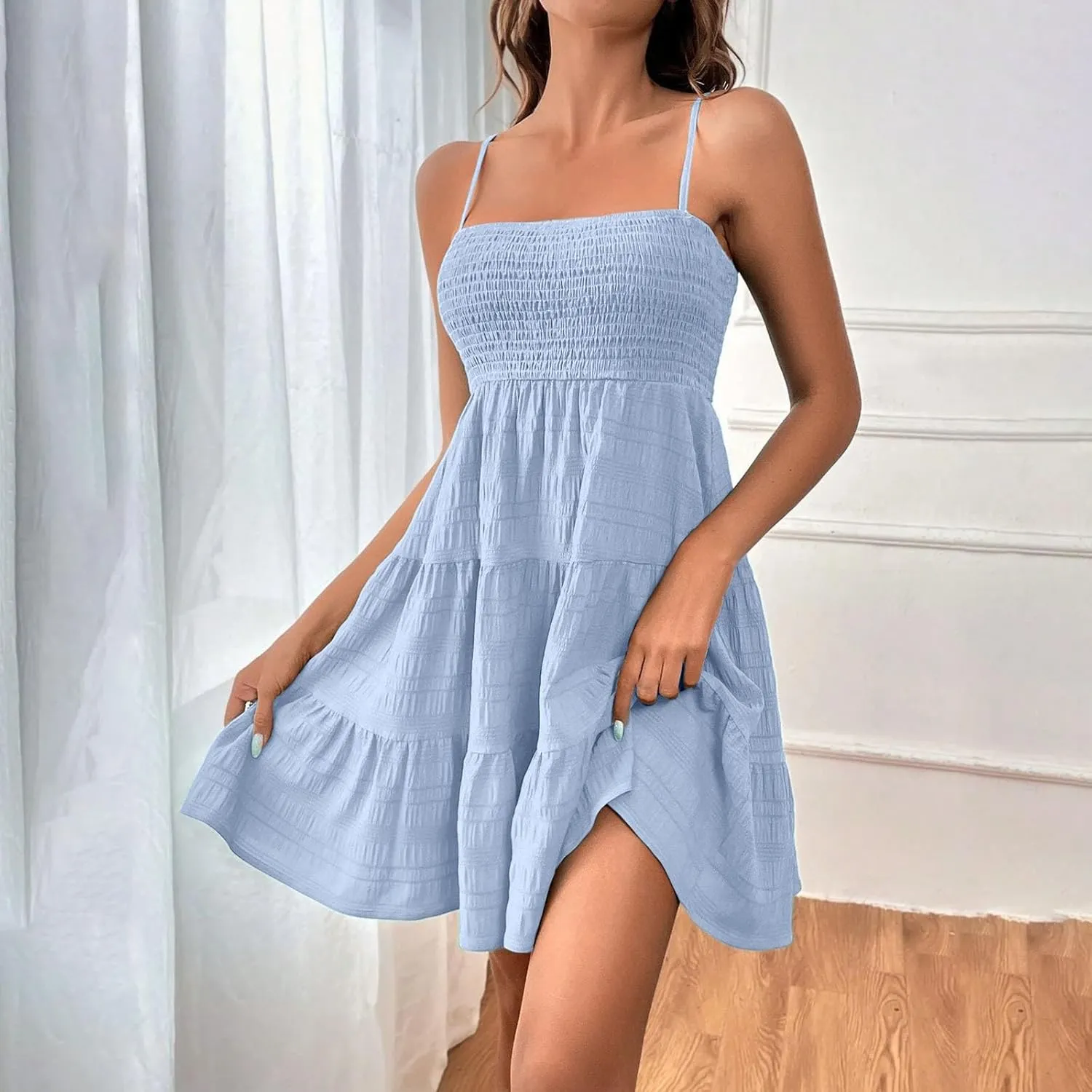 Sundresses for Women Smocked Spaghetti Strap Square Neck Mini Babydoll Dress Casual Summer Flowy Tiered Ruffle Dress
