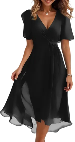 Sundresses for Women,Cocktail Prom Summer Sexy Dress Chiffon Womens Spring Dresses Wrap Flowy Wedding Guest