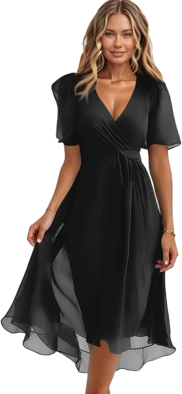 Sundresses for Women,Cocktail Prom Summer Sexy Dress Chiffon Womens Spring Dresses Wrap Flowy Wedding Guest
