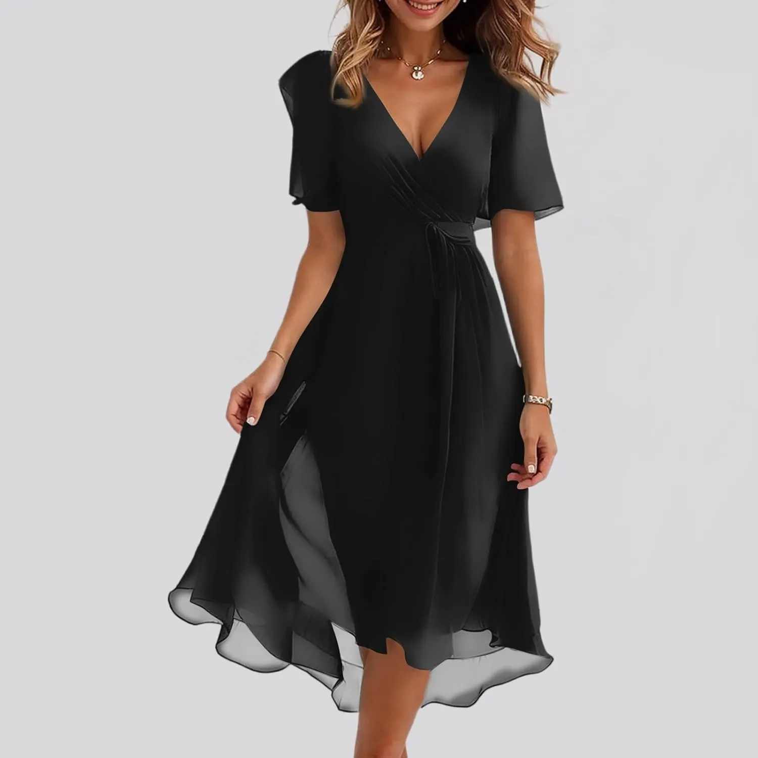 Sundresses for Women,Cocktail Prom Summer Sexy Dress Chiffon Womens Spring Dresses Wrap Flowy Wedding Guest