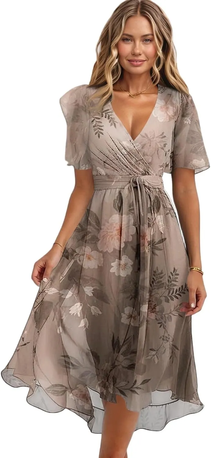 Sundresses for Women,Cocktail Prom Summer Sexy Dress Chiffon Womens Spring Dresses Wrap Flowy Wedding Guest