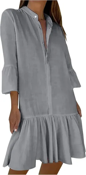 TANGNADE Beach Dresses for Women 2025 Vacation 3/4 Sleeve Summer Button Down V Neck Flowy Loose Casual Beach Dress