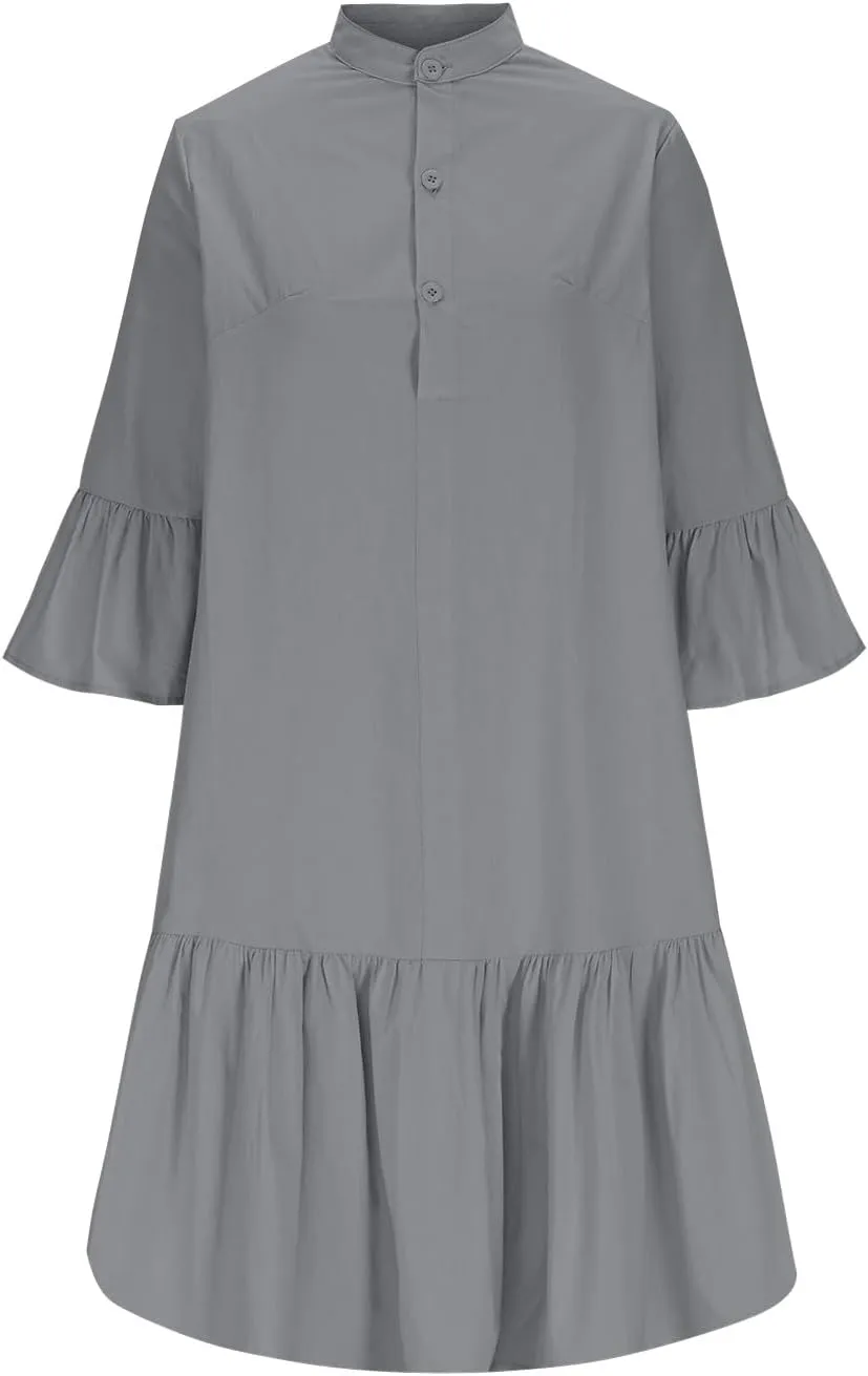 TANGNADE Beach Dresses for Women 2025 Vacation 3/4 Sleeve Summer Button Down V Neck Flowy Loose Casual Beach Dress
