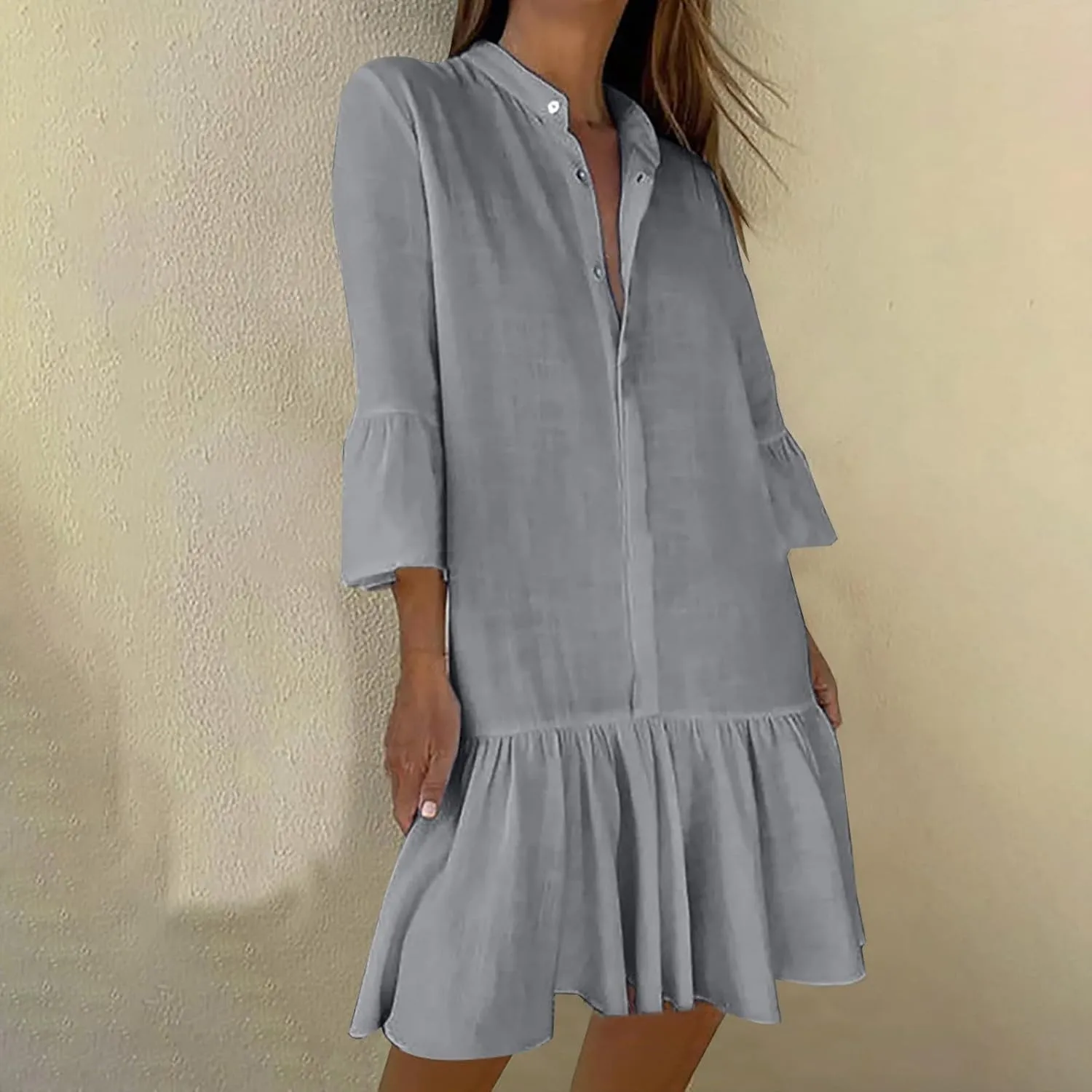 TANGNADE Beach Dresses for Women 2025 Vacation 3/4 Sleeve Summer Button Down V Neck Flowy Loose Casual Beach Dress
