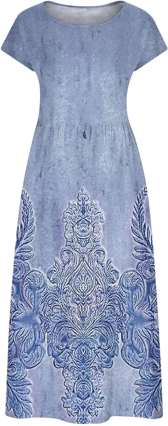 TANGNADE Plus Size Cotton Linen Dresses for Women Short Sleeve Summer Maxi Dress with Pockets Flowy Vacation Dresses