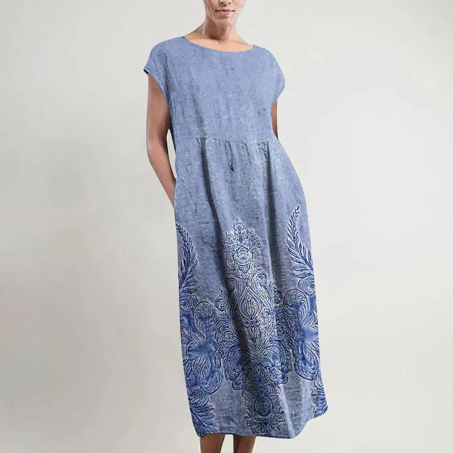 TANGNADE Plus Size Cotton Linen Dresses for Women Short Sleeve Summer Maxi Dress with Pockets Flowy Vacation Dresses