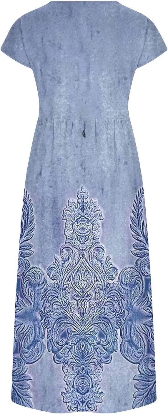 TANGNADE Plus Size Cotton Linen Dresses for Women Short Sleeve Summer Maxi Dress with Pockets Flowy Vacation Dresses