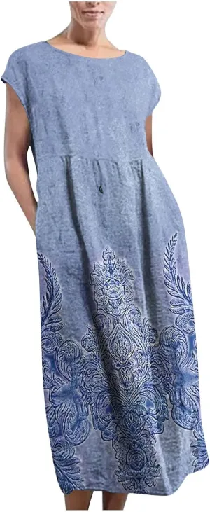 TANGNADE Plus Size Cotton Linen Dresses for Women Short Sleeve Summer Maxi Dress with Pockets Flowy Vacation Dresses
