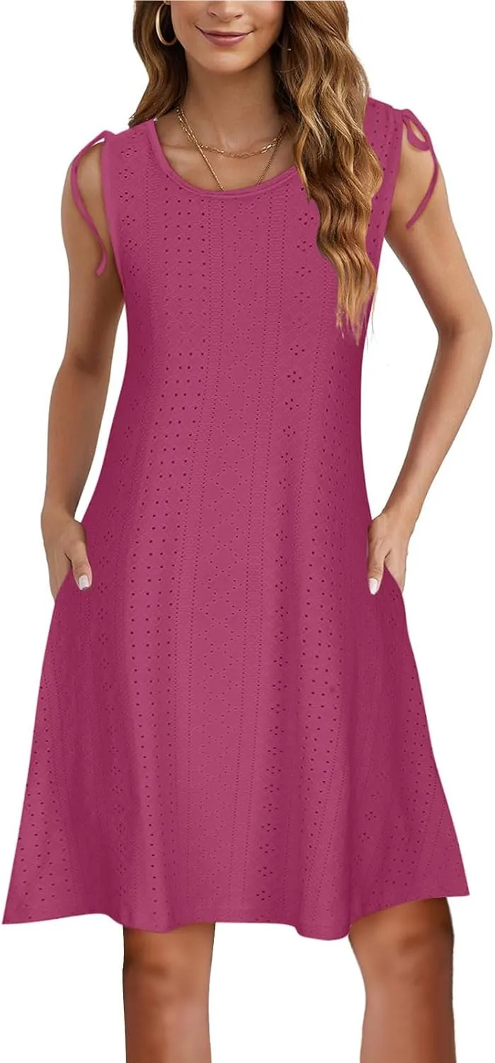 TANGNADE Women Summer Casual Dresses Sleeveless Eyelet Tank Sundress Pockets Flowy A-Line Swing Mini Beach Vacation Dress