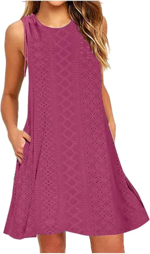 TANGNADE Women Summer Casual Dresses Sleeveless Eyelet Tank Sundress Pockets Flowy A-Line Swing Mini Beach Vacation Dress