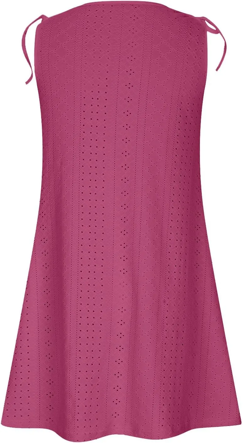 TANGNADE Women Summer Casual Dresses Sleeveless Eyelet Tank Sundress Pockets Flowy A-Line Swing Mini Beach Vacation Dress