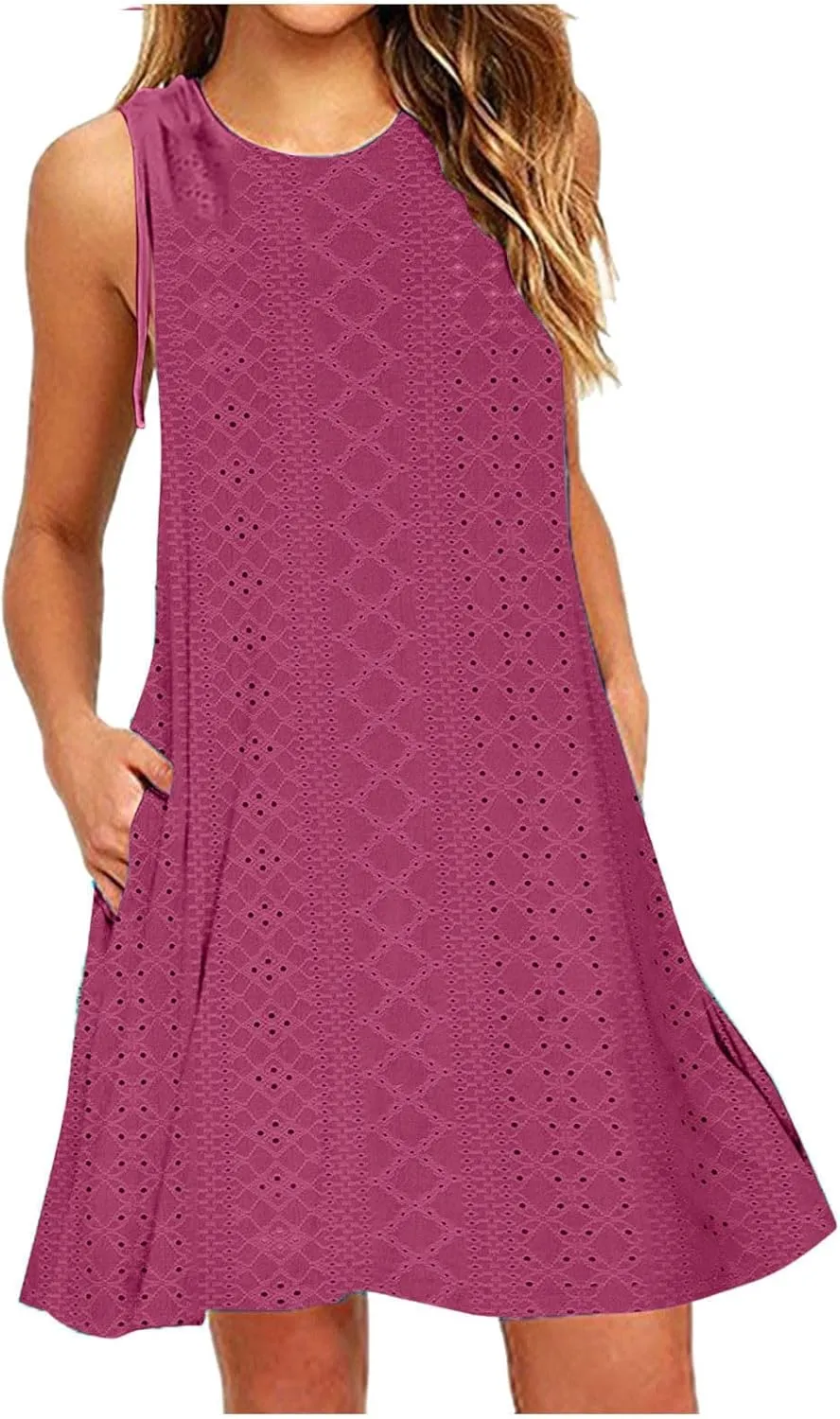 TANGNADE Women Summer Casual Dresses Sleeveless Eyelet Tank Sundress Pockets Flowy A-Line Swing Mini Beach Vacation Dress