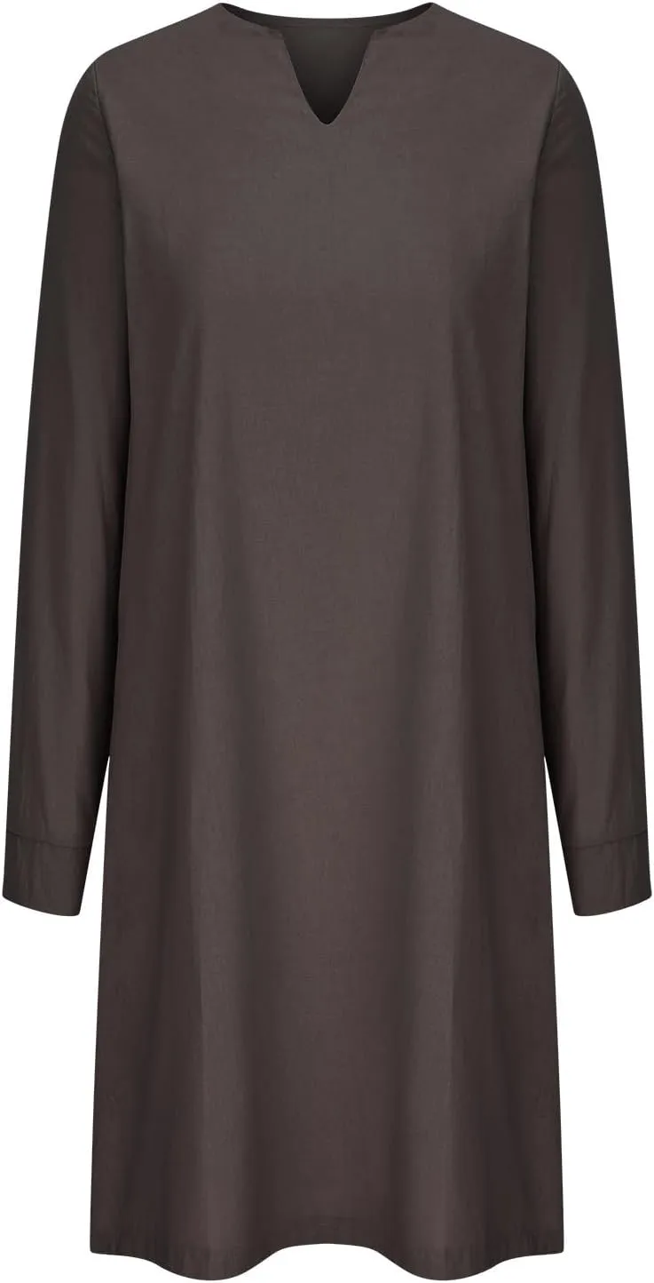 TANGNADE Womens Cotton Linen Midi Dresses Summer Long Sleeve V-Neck Casual Loose Beach Dress Travel Vacation Clothing