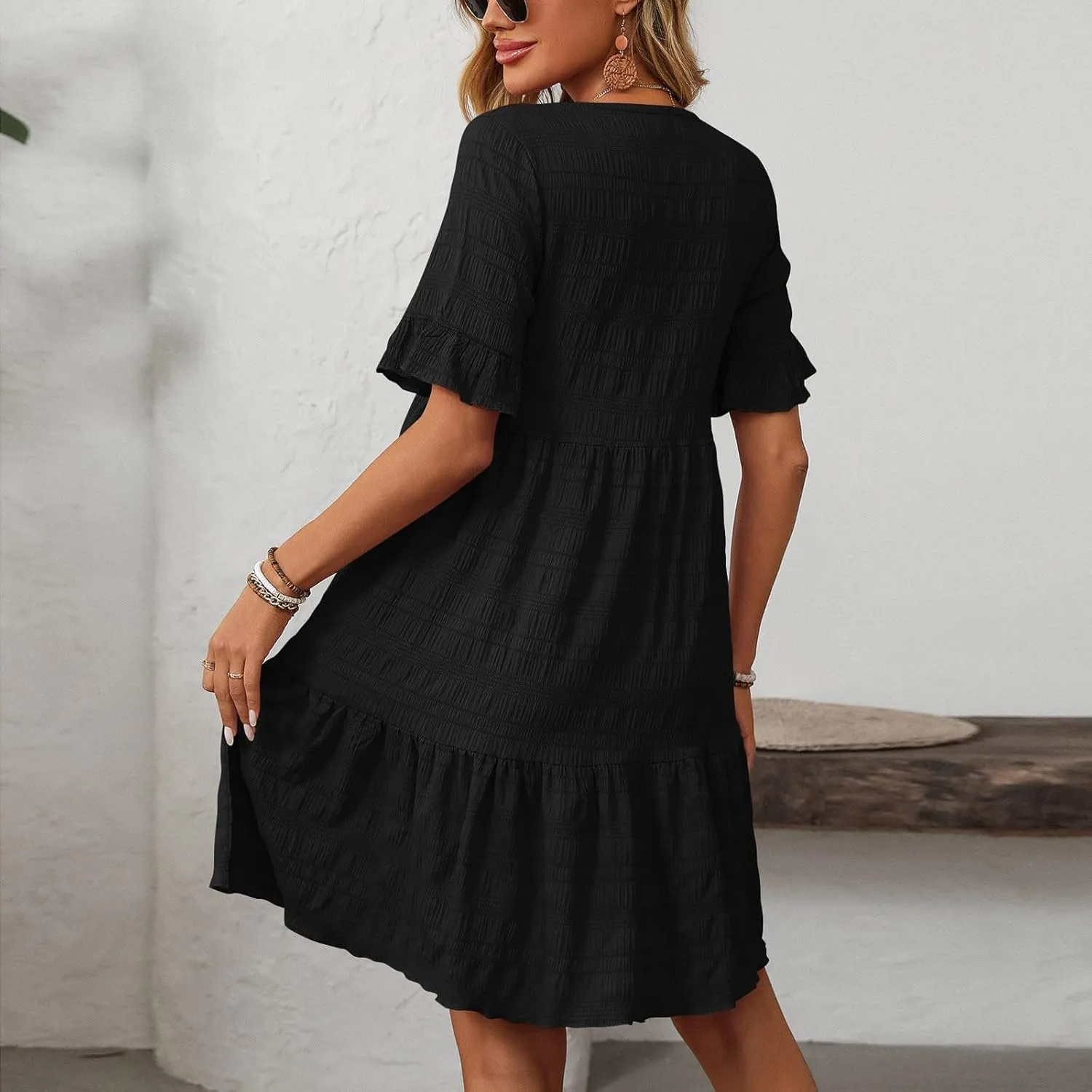 TANGNADE Womens Summer Dresses Beach Casual Loose Tshirt Ruffle Short Sleeve Flowy Cute Sundresses Vacation