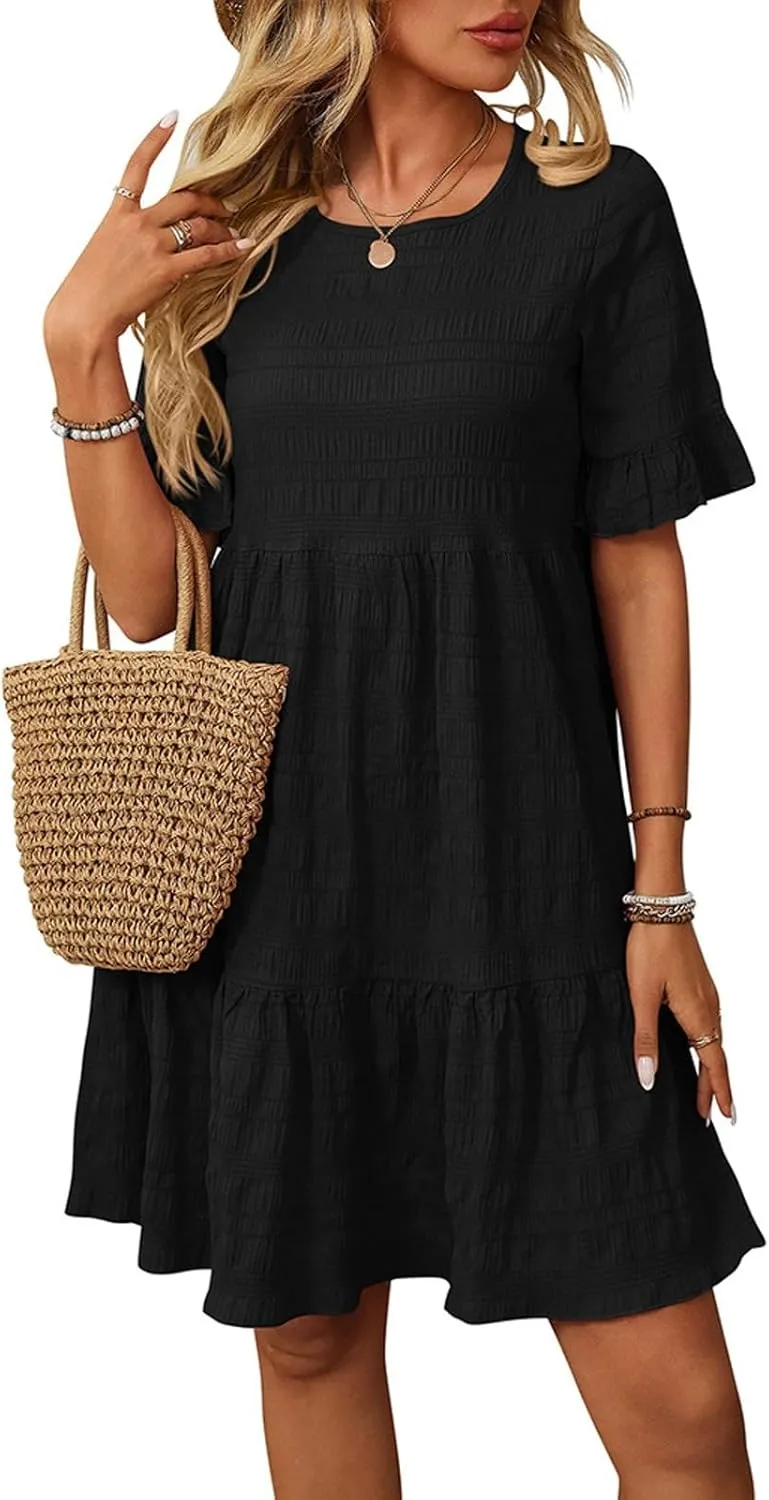 TANGNADE Womens Summer Dresses Beach Casual Loose Tshirt Ruffle Short Sleeve Flowy Cute Sundresses Vacation
