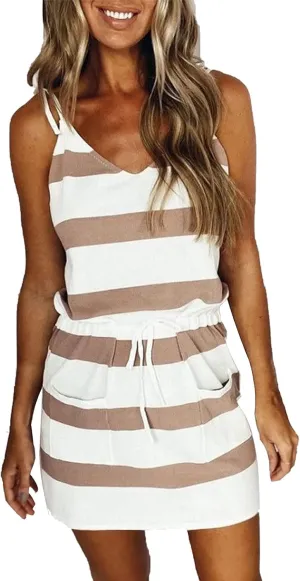 Tank Dress for Women 2025 Summer Causal Loose Sleeveless V Neck Mini Dresses Drawstring Waist Dress with Pockets